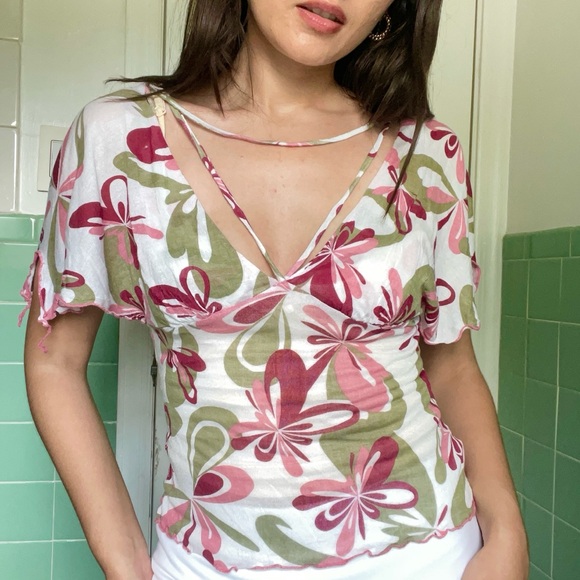 Vintage Tops - Vintage Y2K Pink Green Strappy V-Neck Sexy Blouse